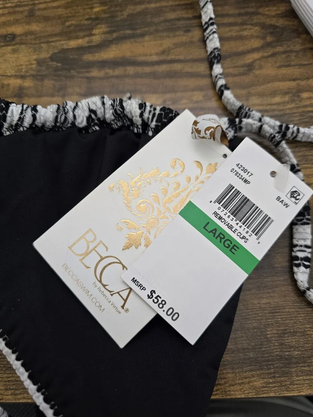 Becca Black White Silver Striped Textured Triangle Fringe Bikini Top Size Large
